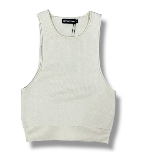 Pretty Little Thing Ribbed Knit Racer Back Crop Tank Top Cream Medium - Picture 12 of 12
